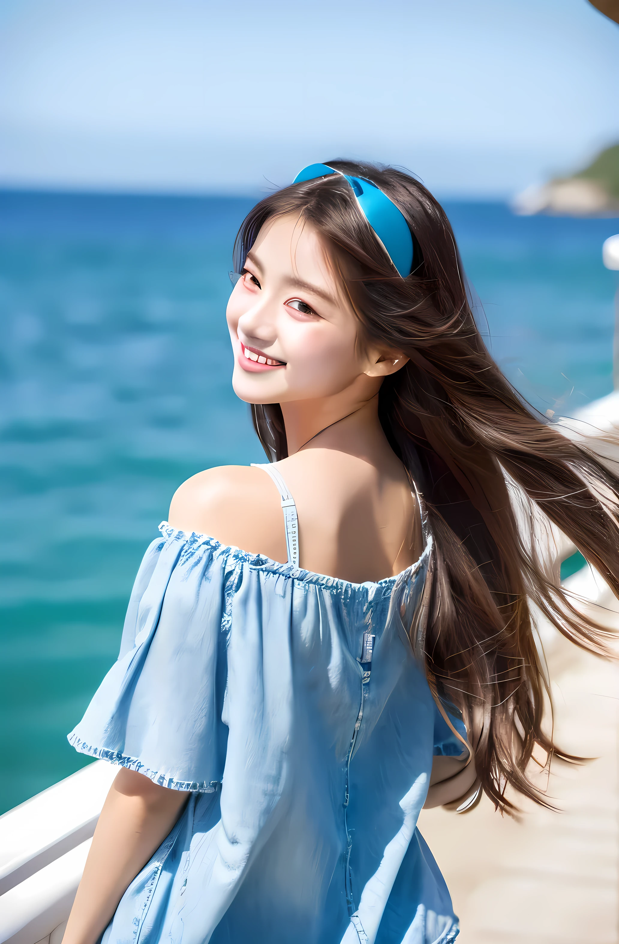realistic, high resolution, 1 girl, long hair, korean,Super Beauty、Take a stroll with a soft serve ice cream in hand、Date、View of the sea、Looks happy、Off-the-shoulder shirt、denim、hair band、Bangleake