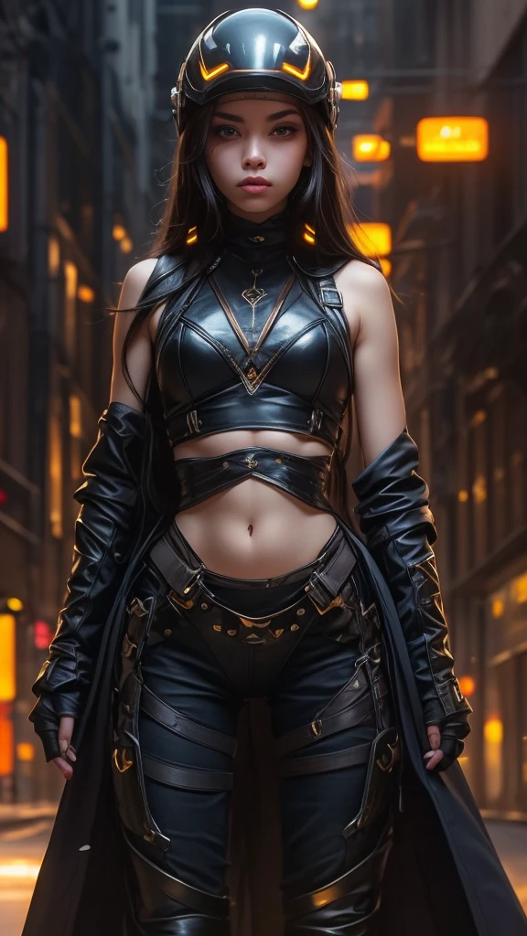 A warrior woman with a cyberpunk costume, with lights on the skin and top, (CG unity 32k engine), Wearing helmet closed eye view and armor showing parts of his body, blurred destroyed city background 