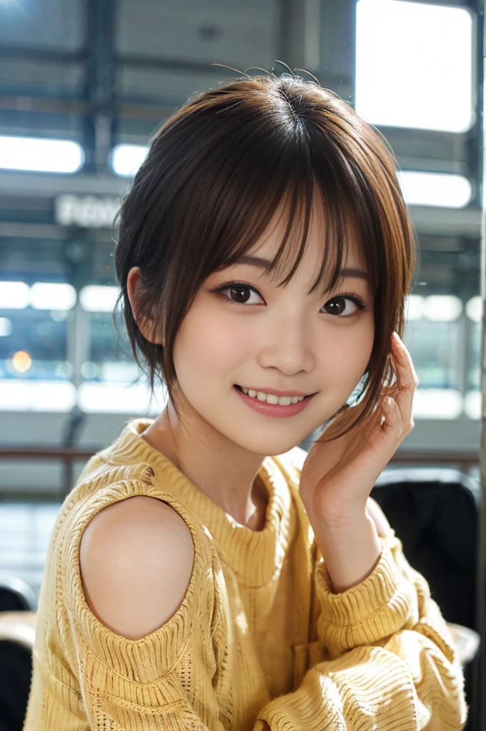 Casually dressed Japanese girl in a shopping mall, Looking at the audience, posing with a smile (Highest quality, masterpiece))), High resolution, Very detailed, masterpiece, Cinema Lighting, (8K, Highest quality, masterpiece: 1.2), (Realistic, photoRealistic: 1.37) High Resolution, Super detailed, 1 Girl, Woman wearing glasses, Thin frame round glasses, Light colored eyeglass frames, Asian, cute, cute face, alone, short hair 1.2, Texture Skin, beautiful smile, Beautifully detailed skies, Cinema Lighting, Depth of written boundary, Lens flare light, Sitting, Date, (Blushing), (smile: 1.15), Small breasts (Mouth closed), Beautiful eyes in every detail, (Light blue sweater: 1.1), (short hair: 1.2), Floating Hair Nova Frog Style,