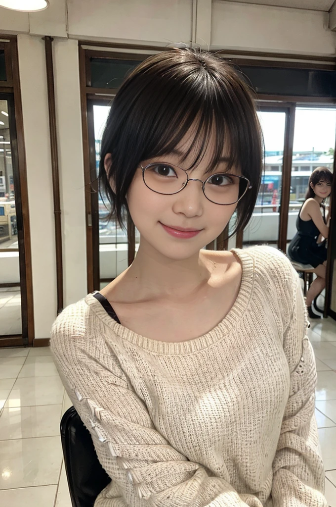 Casually dressed Japanese girl in a shopping mall, Looking at the audience, posing with a smile (Highest quality, masterpiece))), High resolution, Very detailed, masterpiece, Cinema Lighting, (8K, Highest quality, masterpiece: 1.2), (Realistic, photoRealistic: 1.37) High Resolution, Super detailed, 1 Girl, Woman wearing glasses, Thin frame round glasses, Light colored eyeglass frames, Asian, cute, cute face, alone, short hair 1.2, Texture Skin, beautiful smile, Beautifully detailed skies, Cinema Lighting, Depth of written boundary, Lens flare light, Sitting, Date, (Blushing), (smile: 1.15), Small breasts (Mouth closed), Beautiful eyes in every detail, (Light blue sweater: 1.1), (short hair: 1.2), Floating Hair Nova Frog Style,
