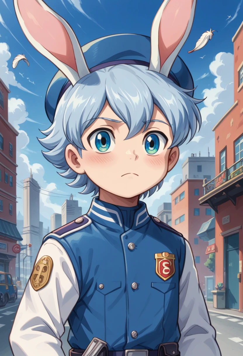 Score_9, score_8_up, score_7_up, rating_safe, Cute young naked boy, luca,blue hair, blue eyes, rabbit ears,rabbit boy,, cute face, very smail,  grinning evily，Boy student，short detailed hair，Shota，solo person，Wear a red and blue beret，Red and blue open postman uniform，punky style，Black stroke，solo person，Fluttering feathers，The city of the future，nigth，Contre-Jour,