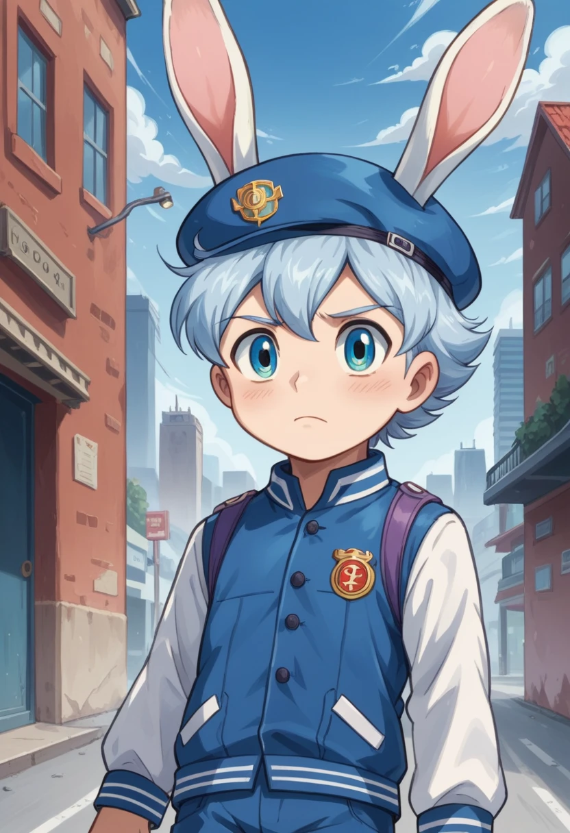 Score_9, score_8_up, score_7_up, rating_safe, Cute young naked boy, luca,blue hair, blue eyes, rabbit ears,rabbit boy,, cute face, very smail,  grinning evily，Boy student，short detailed hair，Shota，solo person，Wear a red and blue beret，Red and blue open postman uniform，punky style，Black stroke，solo person，Fluttering feathers，The city of the future，nigth，Contre-Jour,