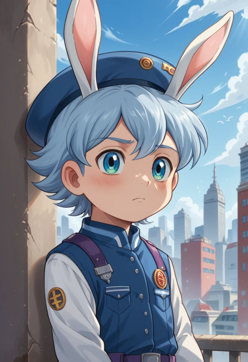 Score_9, score_8_up, score_7_up, rating_safe, Cute young naked boy, luca,blue hair, blue eyes, rabbit ears,rabbit boy,, cute face, very smail,  grinning evily，Boy student，short detailed hair，Shota，solo person，Wear a red and blue beret，Red and blue open postman uniform，punky style，Black stroke，solo person，Fluttering feathers，The city of the future，nigth，Contre-Jour,