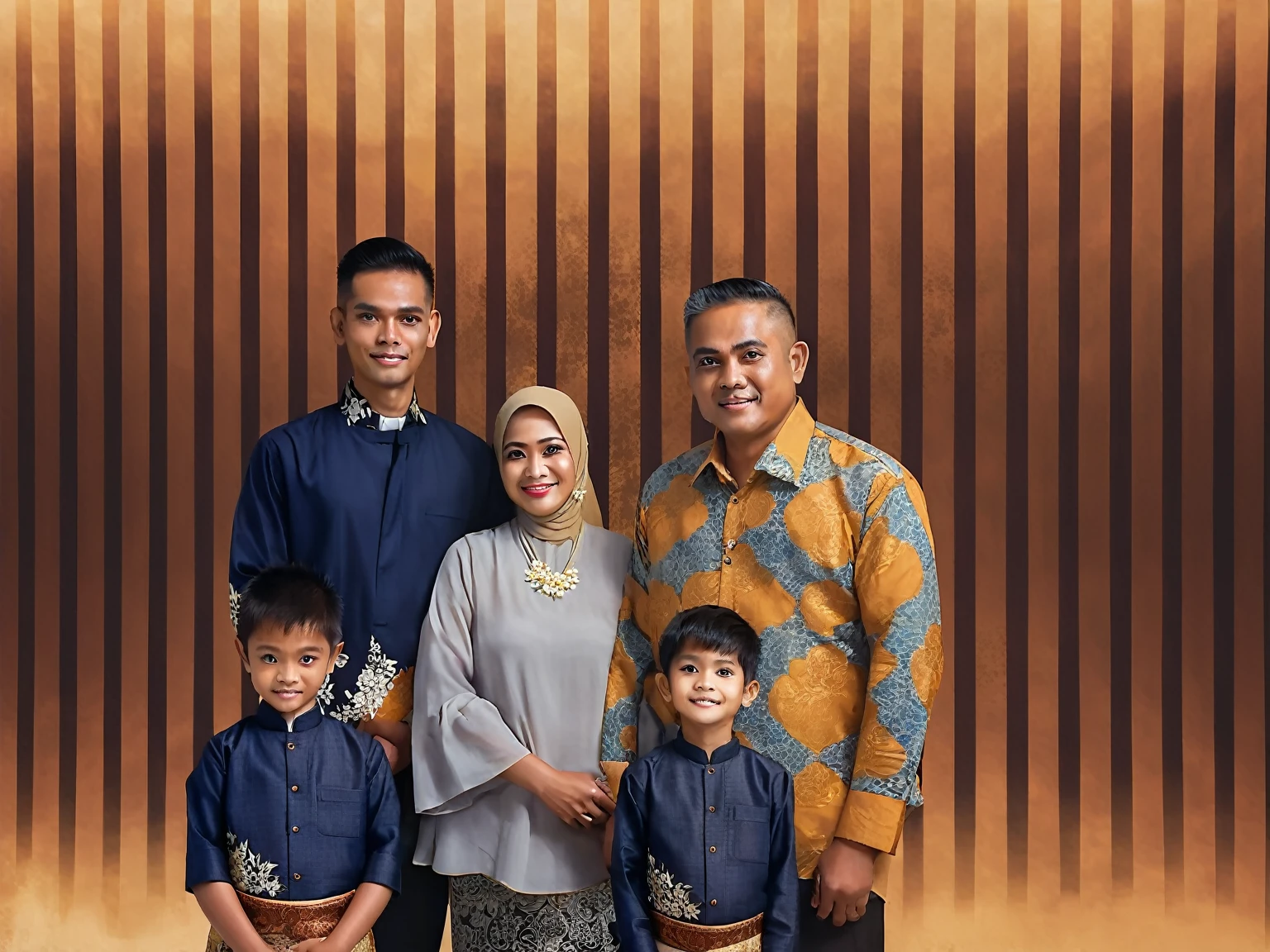 there are a group of people standing together in front of a wall, barong family, an indonesian family portrait, happy family, barong family member, family portrait, potrait, old picture, inspired by Oton Gliha, realism artstyle, full protrait, digital panting, photoshopped, post processed denoised, color portrait, protrait