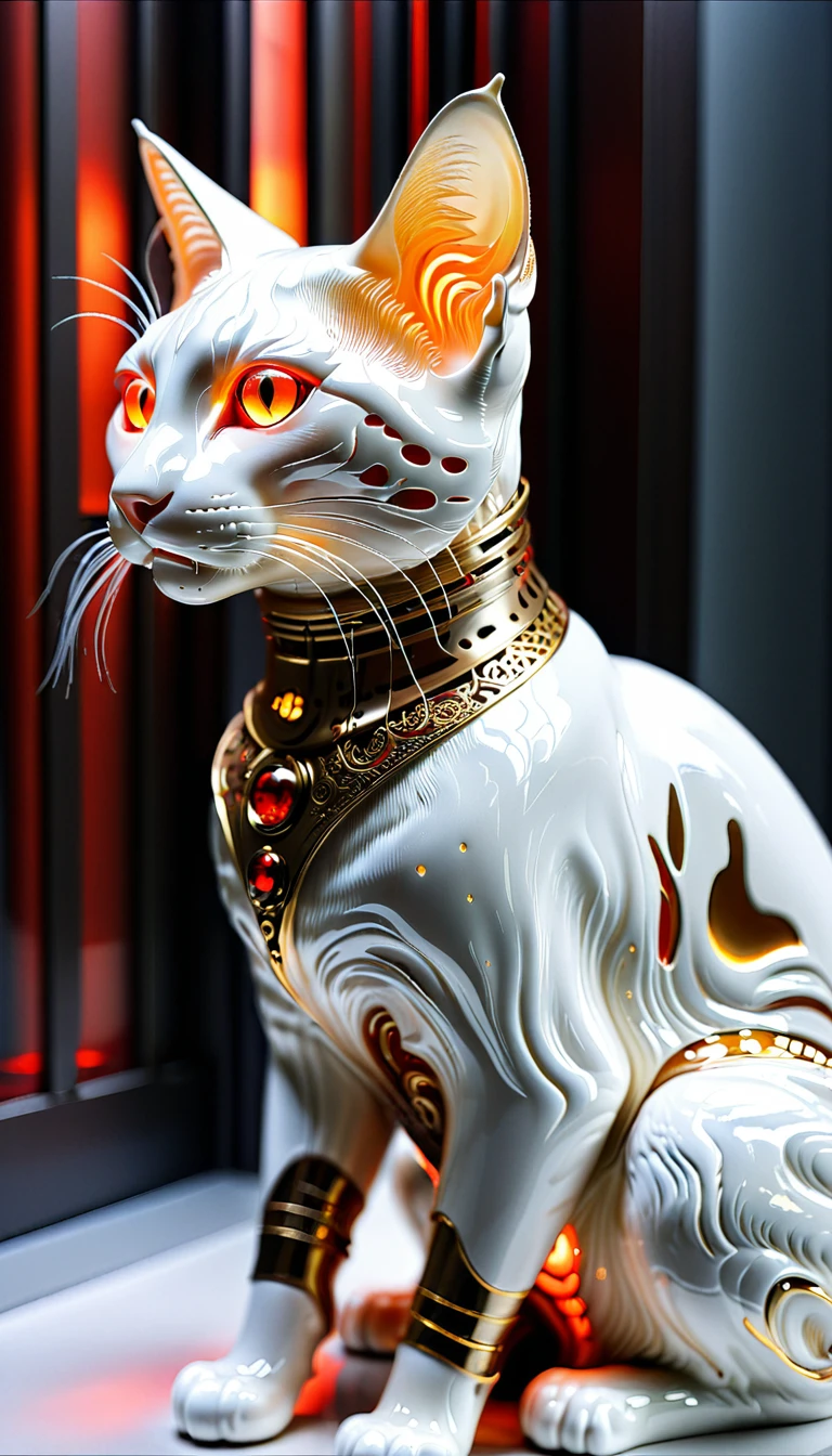 There is no one, realistic photo, realism, Singapura (Singapore) cat, future oriented, metal decoration, Shining red light inside, hollow interior, Polish, ray tracing, perfect composition, intricate details, Very sharp, masterpiece, profile, high resolution