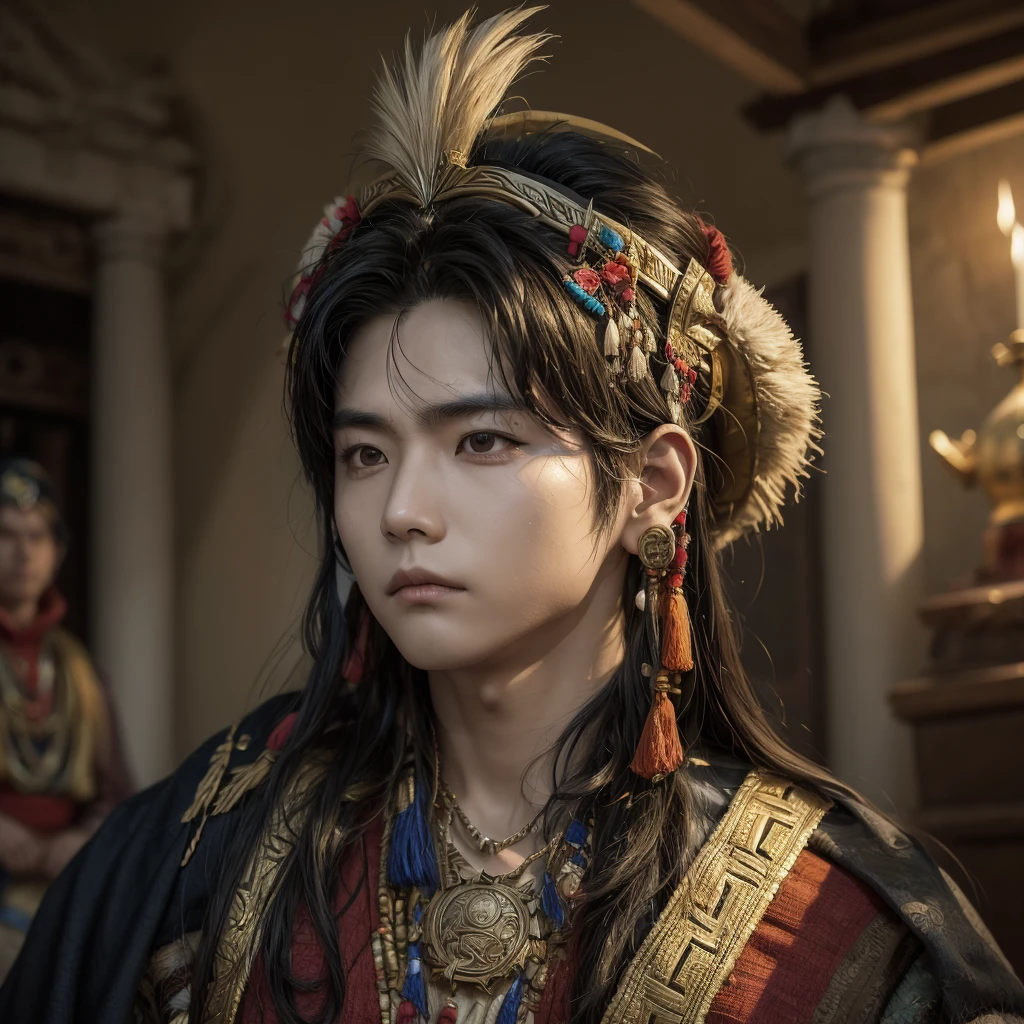 Hyunjun hur actor and kpop idol more realism in hair and clothing hair orange, Peru, inca Create a representation of an inca sitting on his throne, surrounded by riches and tributes. Imagine an Inca warrior leading his army into battle. Design a detailed portrait of an Inca dressed in his best outfits and jewelry. Draw an illustration of an Inca participating in a sacred ritual at a temple. Create an image of an Inca walking through the gardens of Machu Picchu, contemplating the majesty of the citadel. Design a mural that represents the daily life of the Incas in their empire. Imagine an Inca hunting in the Andes, surrounded by mountainous landscapes. Draw an illustration of an Inca celebrating a traditional festival with his people. Create an artistic representation of an Inca receiving tribute from different regions of the empire. Design a scene of an Inca consulting a shaman to make important decisions.