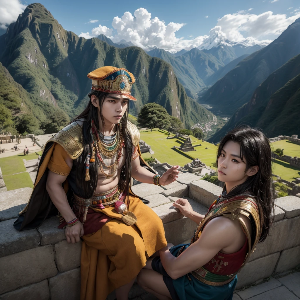 Hyunjun hur actor and kpop idol more realism in hair and clothing hair orange, Peru, inca Create a representation of an inca sitting on his throne, surrounded by riches and tributes. Imagine an Inca warrior leading his army into battle. Design a detailed portrait of an Inca dressed in his best outfits and jewelry. Draw an illustration of an Inca participating in a sacred ritual at a temple. Create an image of an Inca walking through the gardens of Machu Picchu, contemplating the majesty of the citadel. Design a mural that represents the daily life of the Incas in their empire. Imagine an Inca hunting in the Andes, surrounded by mountainous landscapes. Draw an illustration of an Inca celebrating a traditional festival with his people. Create an artistic representation of an Inca receiving tribute from different regions of the empire. Design a scene of an Inca consulting a shaman to make important decisions.