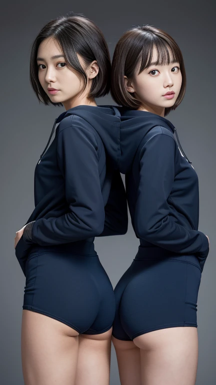 (Two Girls, Same height :1.2) ,Back view, Couple Focus , Japanese girl , (smile:0.7), Stand next to each other , Upper Body, Gym suit, White long sleeve hoodie, Food, Dark blue bloomer, Beautiful thighs,Recall, Realistic ass crack, ニヤニヤsmile, Very Short Hair , (High color saturation:1.0), (Highly detailed skin), (Highest quality:1.0), (Ultra-high resolution:1.0) ,(Like the picture:1.0), (Ultra-detailed:1.0), (8K, RAW Photos:1.1)