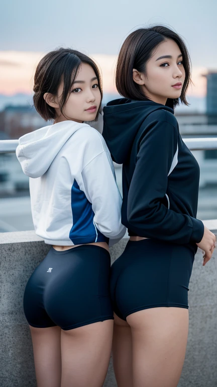 (Two Girls, Same height :1.2) ,Back view, Couple Focus ,    Japanese girl ,  (smile:0.7), Stand next to each other ,  Upper Body, Gym suit, White long sleeve hoodie, Food, Dark blue bloomer, Beautiful thighs,Recall, Realistic ass crack, ニヤニヤsmile, Very Short Hair , (High color saturation:1.0),  (Highly detailed skin), (Highest quality:1.0), (Ultra-high resolution:1.0) ,(Like the picture:1.0), (Ultra-detailed:1.0), (8K, RAW Photos:1.1)