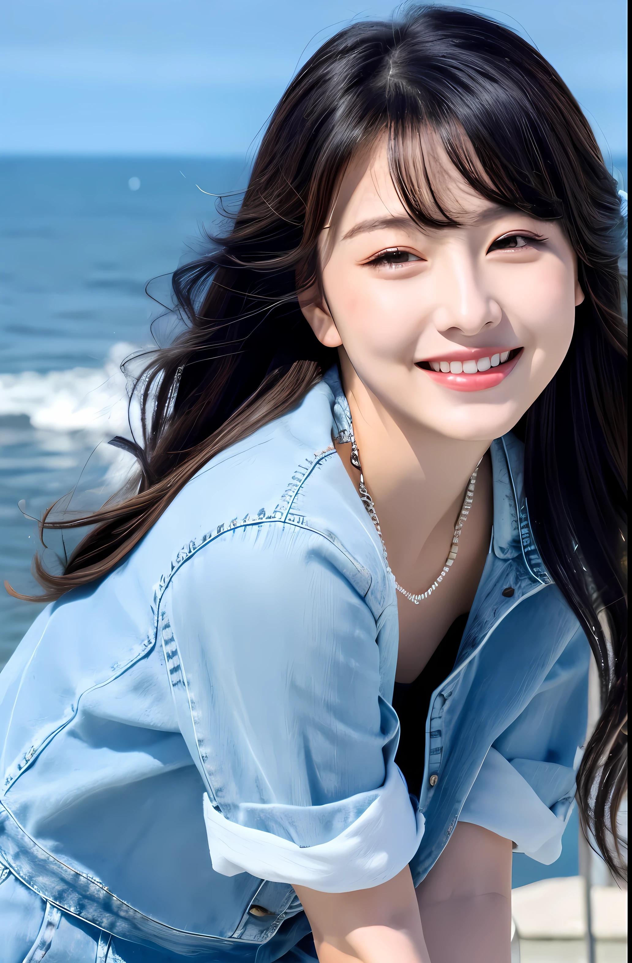 realistic, high resolution, 1 girl, long hair, korean,Super Beauty、Soryun、Date、View of the sea、Looking at me happily、denim dress、Black Hair、Updo、White chain shoulder bag、Forehead、amount、No bangs、Bangleake、