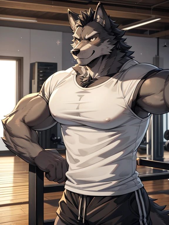 Muscular anthropomorphic wolf, dark grey fur, in his 30s, wering tshirt and shorts, in gym, Perfect detailed features, comic realism, 2D, Hand drawn, manga style, comic style, drawing, big wolf, handsome, sparkling light, rugged, looking at camera, comic style
