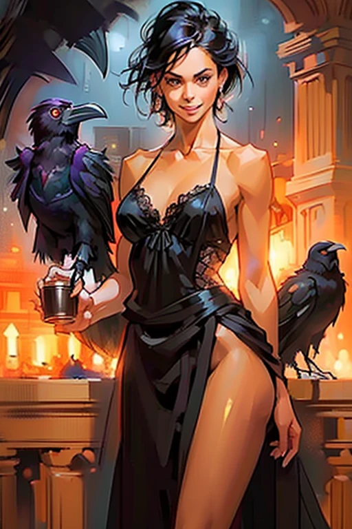 ((raven in background:1.4)), (pov, serving the viewer a cup of coffee, friendly smile:1.2),Good morning.  21 yo woman,(Mexican)descent, dark hair, brown eyes, beautiful athletic figure, natural perky , perfect , tan, shapely toned legs, silk robe, sheer lace black lingerie. Masterpiece, (highly detailed:1.2),(detailed face and eyes:1.2), 8k wallpaper, Moody lighting. core shadows, high contrast, bokeh.