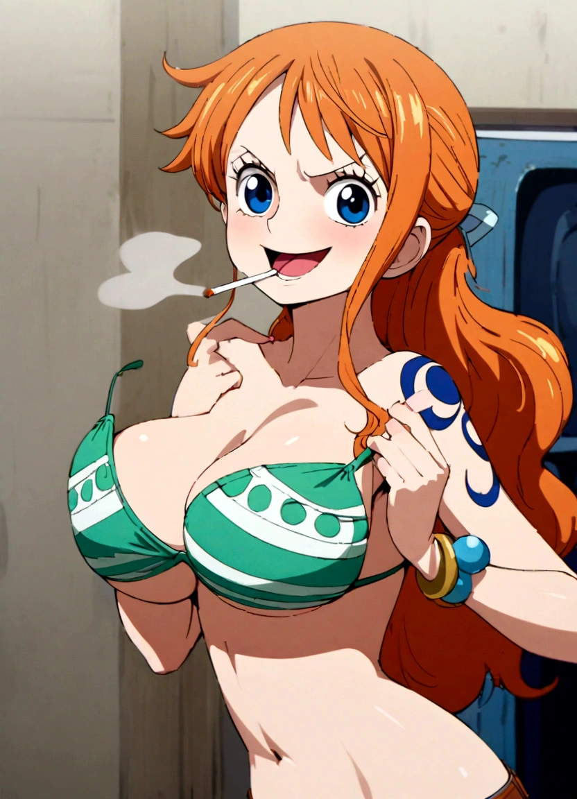 a cartoon picture of a woman in a bikini top and jeans, nami one piece, nami from one piece, nami, beautiful portrait of nami, from one piece, oppai, blue eyes, smoking, ponytail