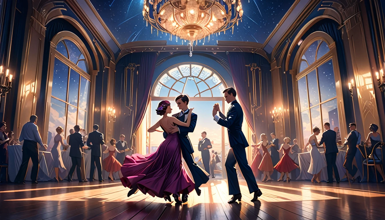 a man and woman dancing tango, art deco ballroom, 1920s, 1 man 1 woman, sexy tango dance pose, ballroom dancers, ornate art deco interior, detailed architectural features, chandelier, (best quality,4k,8k,highres,masterpiece:1.2),ultra-detailed,(realistic,photorealistic,photo-realistic:1.37),cinematic lighting, dramatic shadows, Outside the window is a balcony. a narrow french window with an arched top leads out to the balcony.,man facing forward, woman facing away from viewer, dancing the tango, woman is wearing a purple long dress with slit, she has her right leg out to the side, exposing her thigh., Outside is dark, small stars are shining in (the dark blue sky:1.3), (dimly lit room:1.2), and shadows are cast on the eye sockets, making it impossible to read their expressions, detailed facial features, beautiful dress, formal attire, natural lighting, warm color palette,