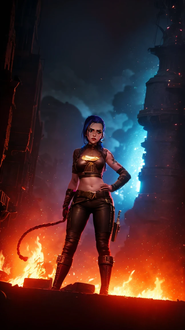 (masterpiece, Best quality), 1 girl, portrait, very sexy, crazy look, smile, crying, pink tears, tears on the cheeks, tears from eyes, full length (full body 1.1.), очень feminine, fighting stance, battle, fire, explosions, burning city, Beautiful waist, gloomy composition, flame, fire, Flash, very beautiful, feminine, long hair, hair braided in long braids, very sexy, tight leather pants, emphasis on the eyes, face accent, Beautiful face, Hands, Hair, Haired ponytail, red purple eyes, Джинкс crying, Blue cloud tattoo, (masterpiece, Best quality), Side lighting, beautiful detailed eyes, crazy face), (Best quality), (masterpiece), magic photography, Spectacular lighting, Photorealism, ultra detailed, интимная portraitная композиция, 1. 4,8 k UHD, aesthetic, Cd., A high resolution, 8 k, better lighting, Best shade, Ultra-HD, A high resolution, sharp focus, Complex background, Cinematic lighting, ((Landscape view)), 4K block, (better lighting), ((Cinematic lighting)),