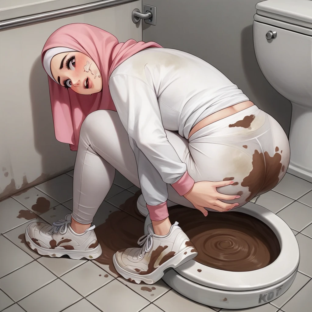 Ultra-realistic, 4k, 1girl, hot cute face, pretty face, cute eyes, fat body, pink hijab, white panty, tight long sleeve sports white tshirt, white sneakers, nervous facial expressions, very sweaty, both hands on ass, in dirty dark public toilet, near the toilet, dirty toilet walls, dirty toilet floor, dirty toilet, dirty clothes, sweaty clothes, (((make the whole image filthy and dirty))), (((mud on the floor and mud overflowing from toilet bowl))), stinky atmosphere, filthy atmosphere, mud everywhere, mud on face, mud on panty, disgusting toilet,