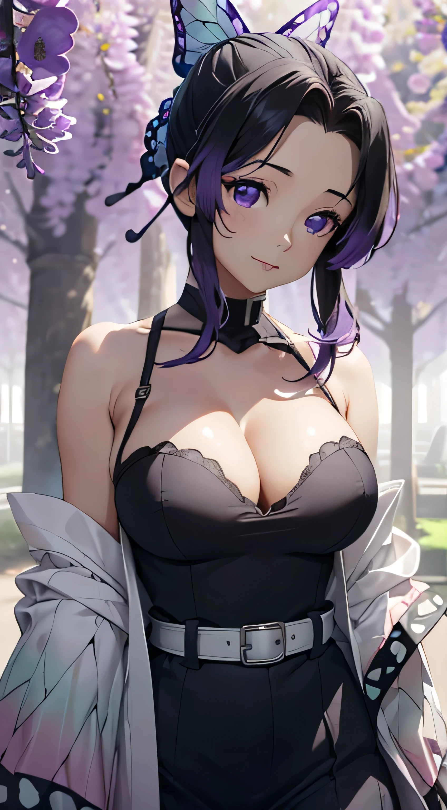 Exposing breasts, (((large breasts)))), , Ultra-realistic 8K CG，masterpiece，（（Highly detailed background，Delicate pattern，Intricate details）），The best quality in the best condition，Very very very detailed face，Highly detailed eyesとface，Highly detailed eyes，kochou shinobu，Multicolored Hair，No bangs，Hair intake，Purple Eye，Haori，butterfly，band，（Heat band garden：1.2），Purple Flower，mostly cloudy zero，Light of the sun，Tyndall effect，slope_zero，face，beautiful zero，Sabre on waist，Seductive posture，，（Cleavage:1.3)，（Off-the-shoulder outfit:1.6)