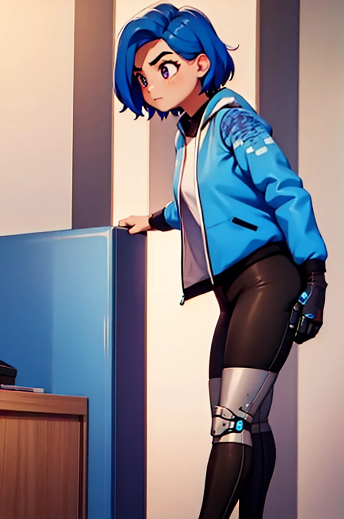 masterpiece, best quality, Tari, blue jacket, black spandex pants, cybernetic right arm,