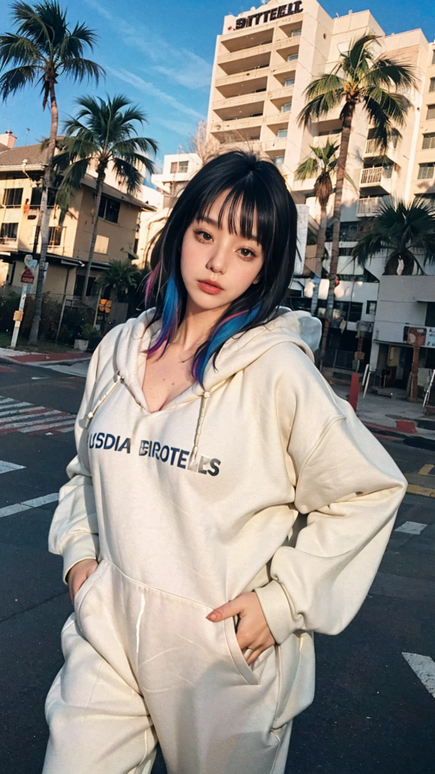 8K, 1girl, beautiful, black bob hairstlye, ((orange oversize hoodie)), oversize_shirt, sweatpants, Evening light,Bridgeside,Taking a walk,purple slacks, look at viewer, (((80's architecture colorful motel))) ,perfect beautiful face,perfect nose,perfect eyes, perfect lips kodak gold 200 fisheye-8mmlens-v2exp ,25 yo cute korean, ((busty perfect body)) perfect face, 35mm film,palm trees, blue sky, sunny summer, los angles vibes (photorealistic:1.2), (ultra realistic:1.3), (very detailed:1.1), ((masterpiece)),