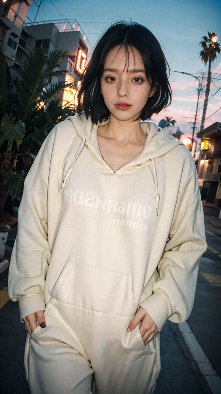 8K, 1girl, beautiful, black bob hairstlye, ((orange oversize hoodie)), oversize_shirt, sweatpants, Evening light,Bridgeside,Taking a walk,purple slacks, look at viewer, (((80's architecture colorful motel))) ,perfect beautiful face,perfect nose,perfect eyes, perfect lips kodak gold 200 fisheye-8mmlens-v2exp ,25 yo cute korean, ((busty perfect body)) perfect face, 35mm film,palm trees, blue sky, sunny summer, los angles vibes (photorealistic:1.2), (ultra realistic:1.3), (very detailed:1.1), ((masterpiece)),