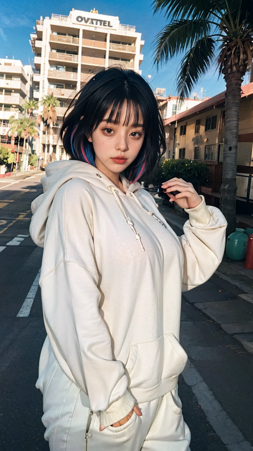 8K, 1girl, beautiful, black bob hairstlye, ((orange oversize hoodie)), oversize_shirt, sweatpants, Evening light,Bridgeside,Taking a walk,purple slacks, look at viewer, (((80's architecture colorful motel))) ,perfect beautiful face,perfect nose,perfect eyes, perfect lips kodak gold 200 fisheye-8mmlens-v2exp ,25 yo cute korean, ((busty perfect body)) perfect face, 35mm film,palm trees, blue sky, sunny summer, los angles vibes (photorealistic:1.2), (ultra realistic:1.3), (very detailed:1.1), ((masterpiece)),