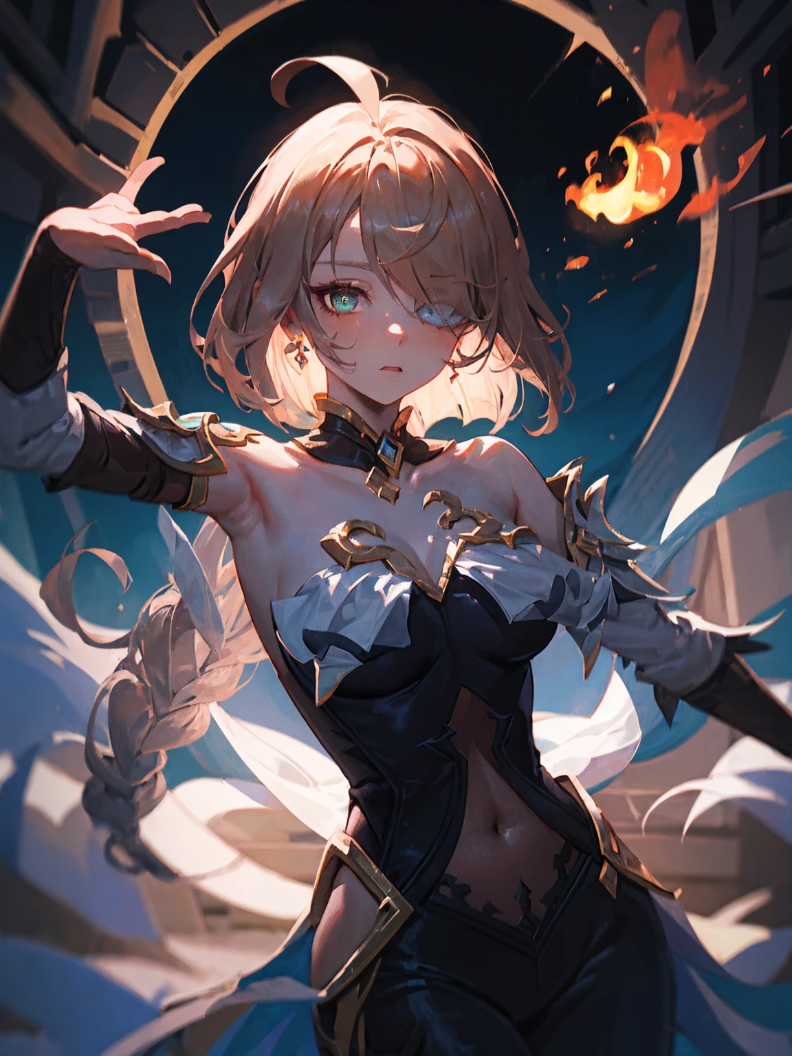 An outstanding painting of a beautiful white girl, flaming, surrounded by flames, dota2 fire girl style, ghost knife style, fire-like hair, long red hair, (hair over one eye), (heterochromia), (nude), (completely nude:1.3), large breasts, detailed collarbone, perfect collarbone, watery blue big eyes, thin waist, wide hips, magic colors, World of Warcraft style, By Blizzard Entertainment, Ultra HD, 8K, real skin texture, best light, best shadow, Lina from dota2, action, wizarding world, small mouth, Small nose, big eyes, cute