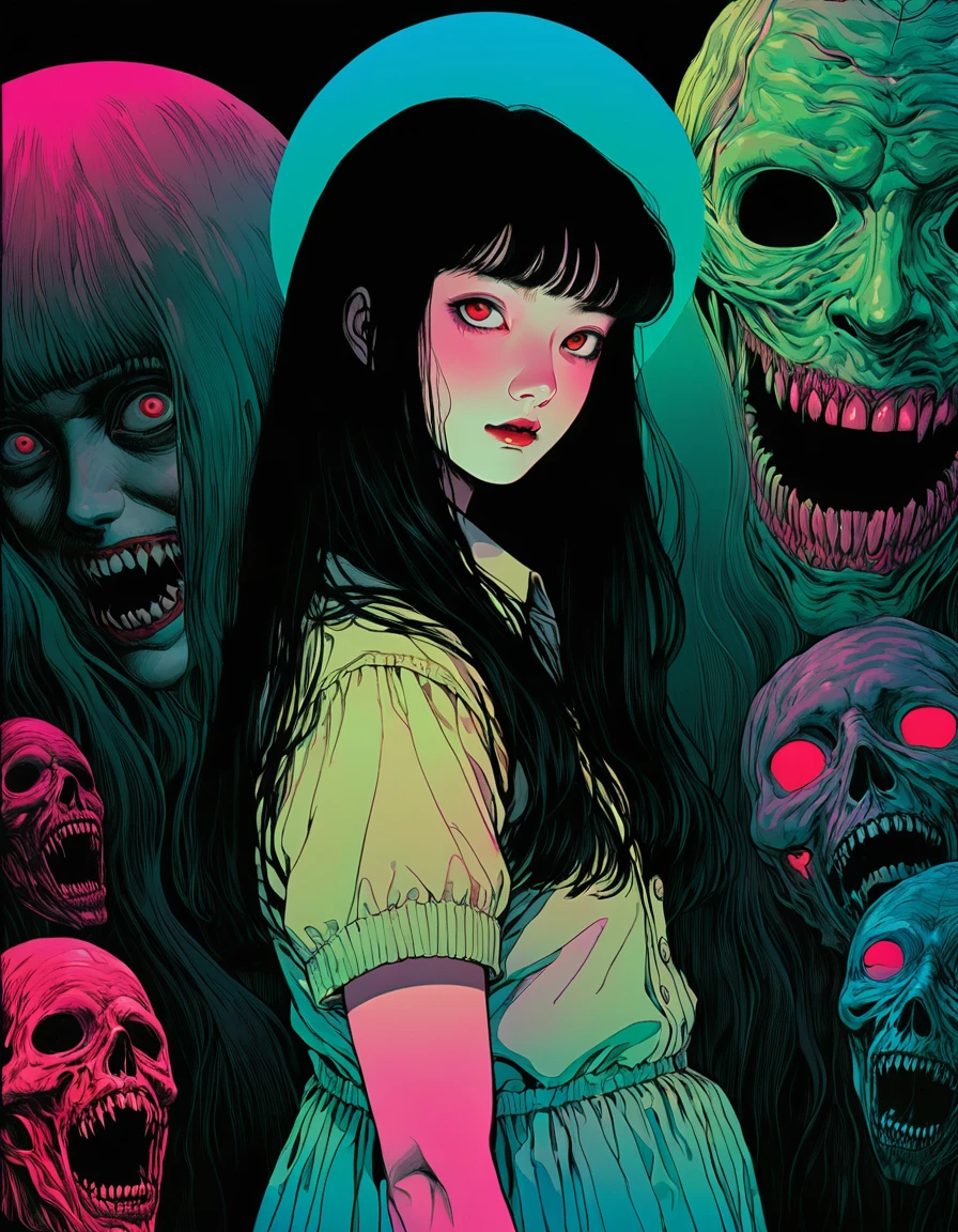 illust、art、from 80s horror movie, directed by Junji Ito、darkness、Serial killer、high detail, realsitic shadow、Analog style, chromatic aberration, Complementary color gradient、Surrealism