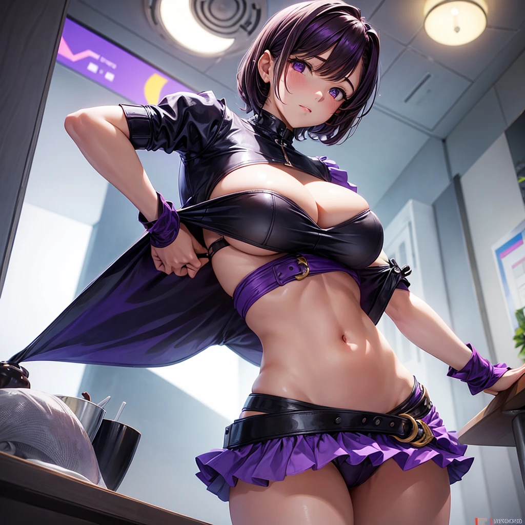 Asme a girl with a very short top, big breasts from below, butt with a purple mini skirt leaning on a table shot from below