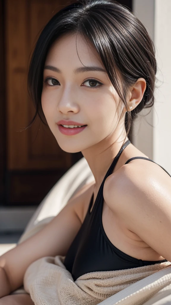 highres, realstick, {51-year-old woman}, Japanese, 163 cm, 57 kg, elegant, attractive, medium-length black hair, styled, intelligent eyes, kind smile, sophisticated, well-groomed, confident posture, dignified appearance, BREAK, age-appropriate swimsuit, one-piece swimsuit, flattering, elegant design, sophisticated, dark color, stylish, comfortable, beach-ready, confident