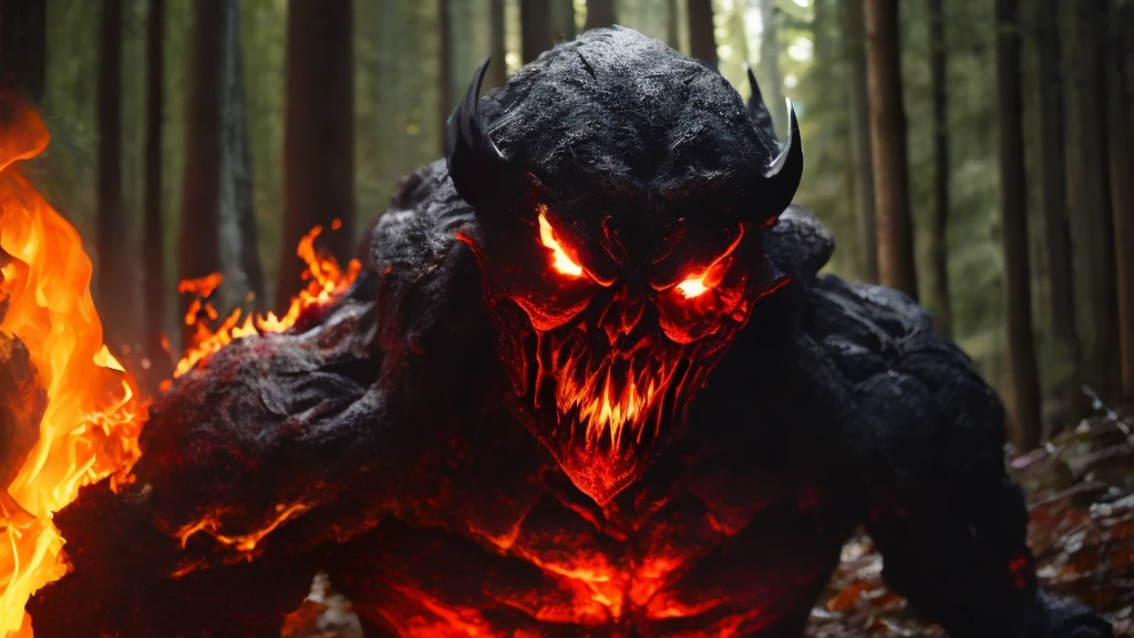 anime character with fire eyes and a devil like face,  Scorching Hell, 邪evil, evil, Deep in the forest, Giant creatures, 気味のevilい, Please open your mouth wide