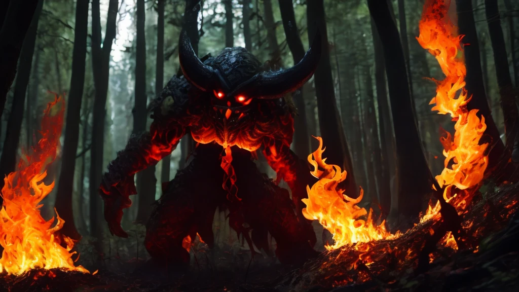 anime character with fire eyes and a devil like face,  Scorching Hell, 邪evil, evil, Deep in the forest, Giant creatures, 気味のevilい, Please open your mouth wide