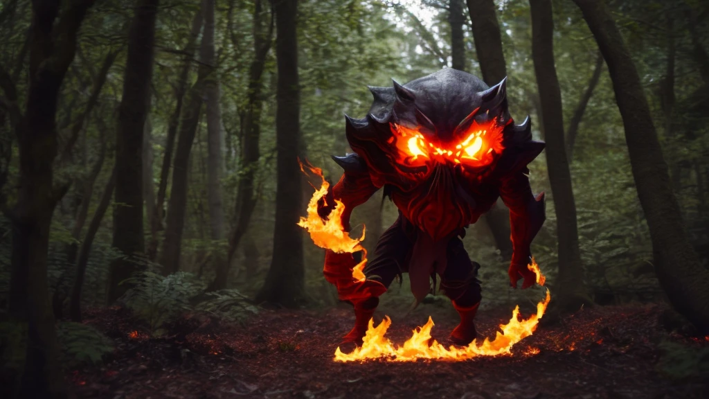 anime character with fire eyes and a devil like face,  Scorching Hell, 邪evil, evil, Deep in the forest, Giant creatures, 気味のevilい, Please open your mouth wide