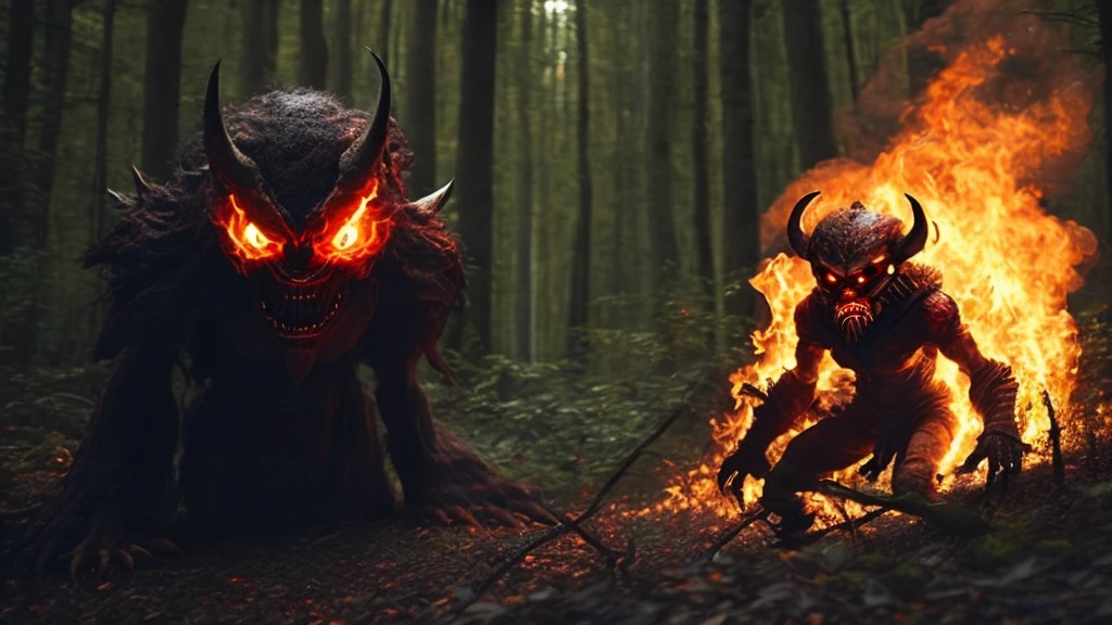 anime character with fire eyes and a devil like face,  Scorching Hell, 邪evil, evil, Deep in the forest, Giant creatures, 気味のevilい, Please open your mouth wide