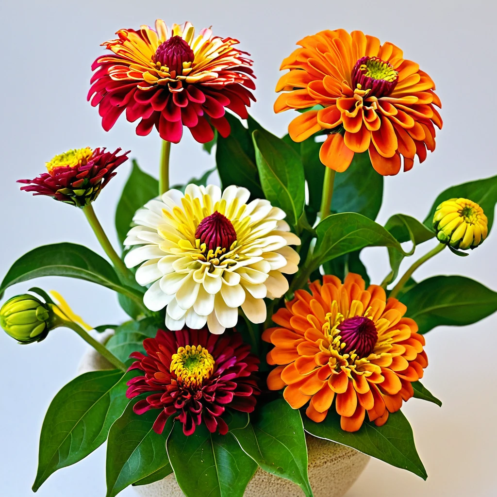 ikebana floral arrangement of Zinnia, petals are very feather-like, looking almost as a colorful bird would, showing off its coat. Zinnias on their own produce quite the colorful bouquet, as tones range from deep red to colorless white, bright orange, and butter yellow alike.