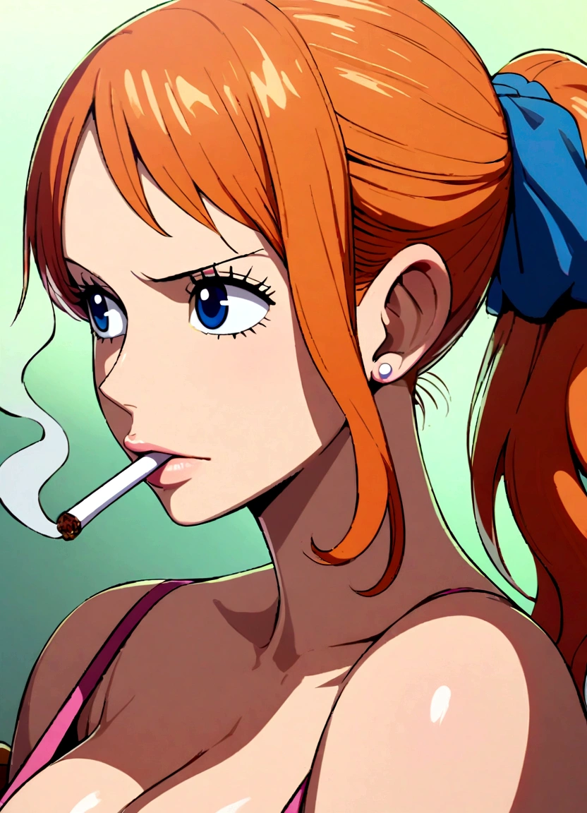 a cartoon picture of a woman in a bikini top and jeans, nami one piece, nami from one piece, nami, beautiful portrait of nami, from one piece, oppai, blue eyes, smoking, ponytail