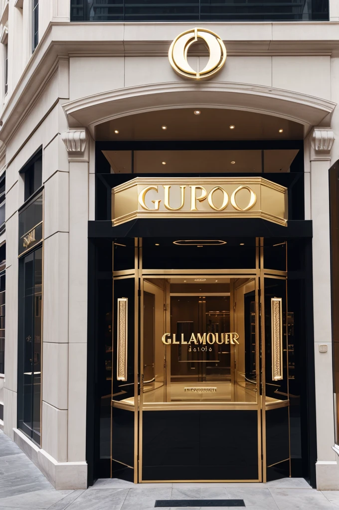 Realistic showroom facade. Glamour logo on front. Super super luxury branded showroom.