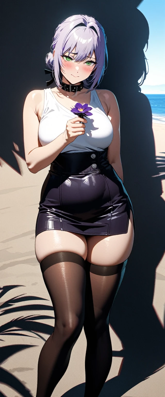 Lei Ze, Lei Ze chainsaw man, 1girl, solo, purple short hair, green eyes, shy expression, blush, black choker, white sleeveless tight shirt, black ribbon at the collar, black high waist slit skirt, black stockings, Standing pose, holding a purple flower in hand, looking at camera, sexy pose, plump thighs, bent legs, tight stockings, soft thigh skin, seaside background, beach, anime style, high contrast, detailed lines, soft lighting, high Resolution, high detail, HD, complex shadows, realistic textures, smooth transitions