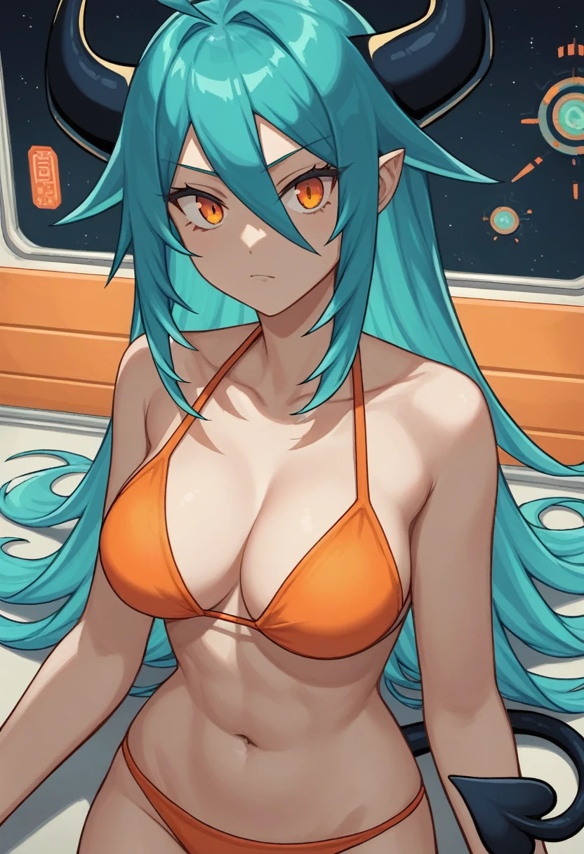 score_9, score_8_up, score_7_up,1 daemon woman,black  demon horns, black demon tail, (aquamarine hair),aquamarine green color hair,ahoge, long hair, (long hair),bangs, light orange bikini,bikini is orange, bikini orange, orange bikini!, (orange eyes), background is spaceship, orange eyes, 1woman ,facing viewer, daemon girl,  close up,Well-endowed, alone,Spacecraft interior