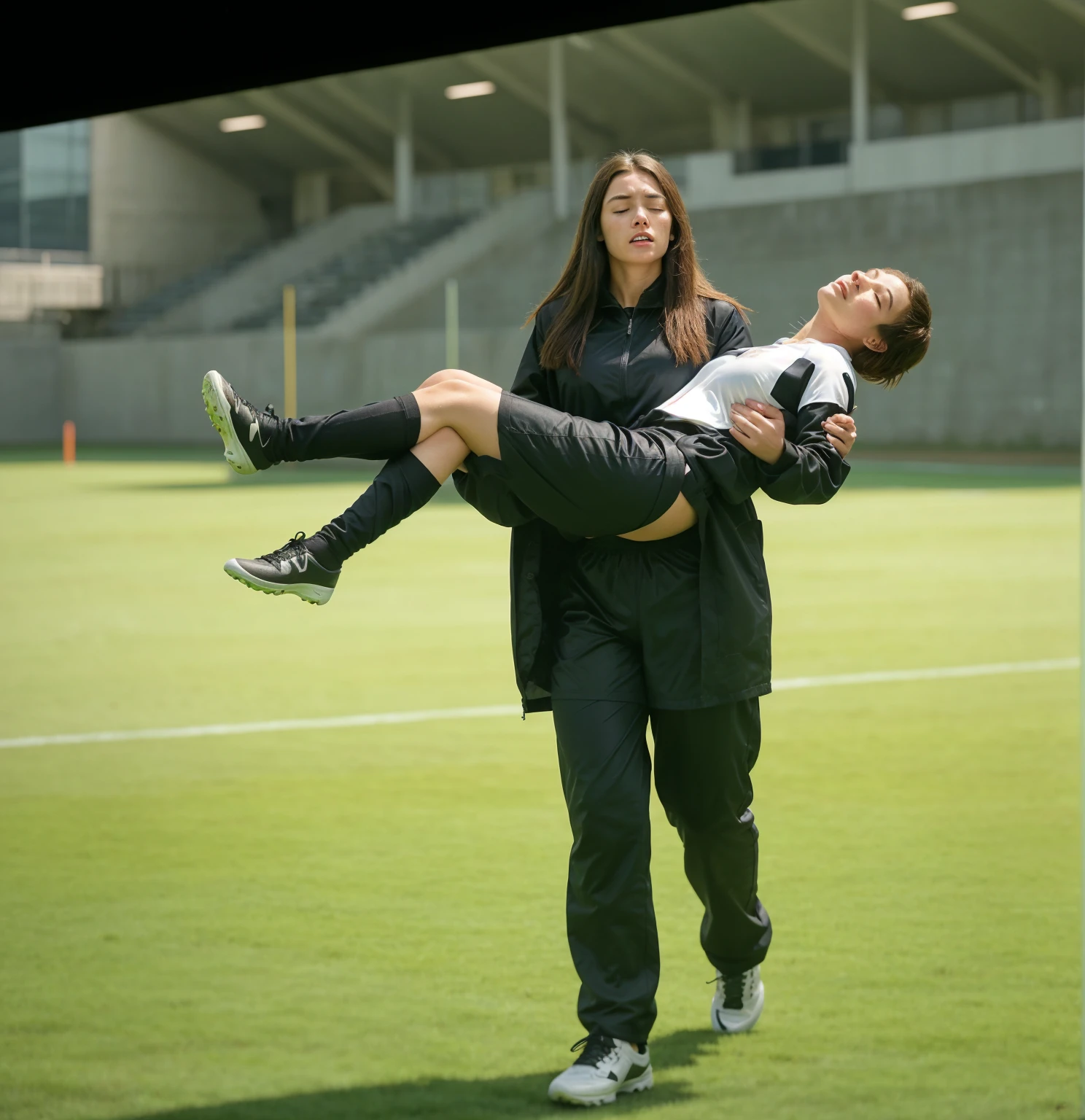 soccer action pose, cradle-carry-pose, Erste help in einem Sportstadion, affection pose, lecherous action pose, dramatic action pose, theatralic pose, There is an attractive long-haired woman, a wounded athlete in her arms, There is a beautiful long-haired woman in a shiny black outfit, who carries a short-haired young footballer in her arms, a long-haired beautiful woman in a high-gloss black down coat, a long-haired woman in a shiny black coat, A woman wears a short-haired man, Wearing a matte cotton sports outfit, a weak man in matte cotton sports shorts is consciousless and needs to be carried, A short-haired man with closed eyes is carried by a long-haired woman, a woman looks very scared and terrified, a consciousless man with closed eyes is suffering very much and has a very painful face, photoshot, photoshotshooting, photographed , accident, help, aid, Erste help, pity