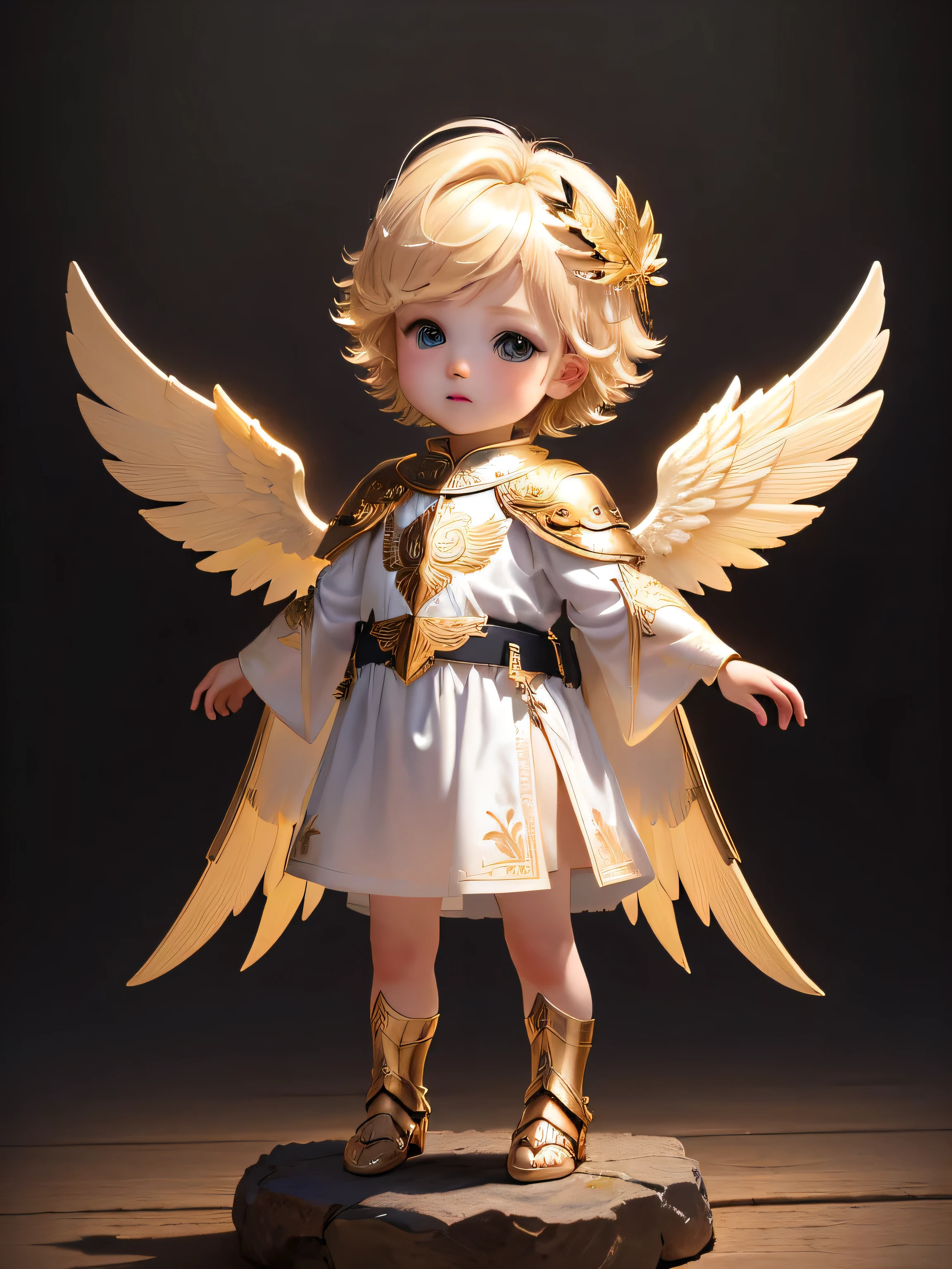 A cute baby with three pairs of wings on his back. Standing at the age of three. European and American face with blond hair. Medieval square. Ancient Greek mythology. Seraphim baby. Holy light masterpiece.、Top quality、Ultra Detailed、(Chibi Chara Angel:1.2)