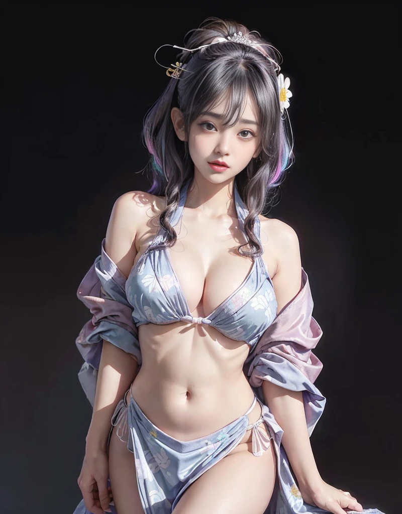 first person perspective,1 girl,Tamaki,(Dressed in vibrant rainbow color scheme art;Hanfu),((Flower shop)),jewely,Tattooed with,during night, full_themoon, As estrelas,Redlip,Charming cleavage,(tmasterpiece:1.5),( Best quality at best:1.4),(Realistis:1.4), detailed,8K,number art,detailed头发,Expressive eyes, s the perfect face, real fingers,depth of fields,Similar colors,a warm color palette,softlighting,low-contrast,hard shadows, 流行超Realistis,