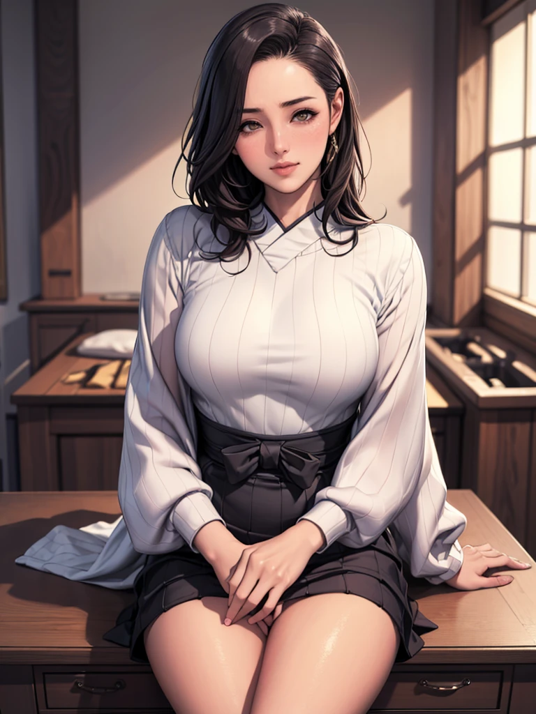 (highest quality,4K,High resolution,masterpiece:1.2),Japanese women,Cowgirl,Portraiture,Vibrant colors,Bright lighting、Bright room、slender、（Small Breasts 1:6)、Blushing、Wearing a white knit