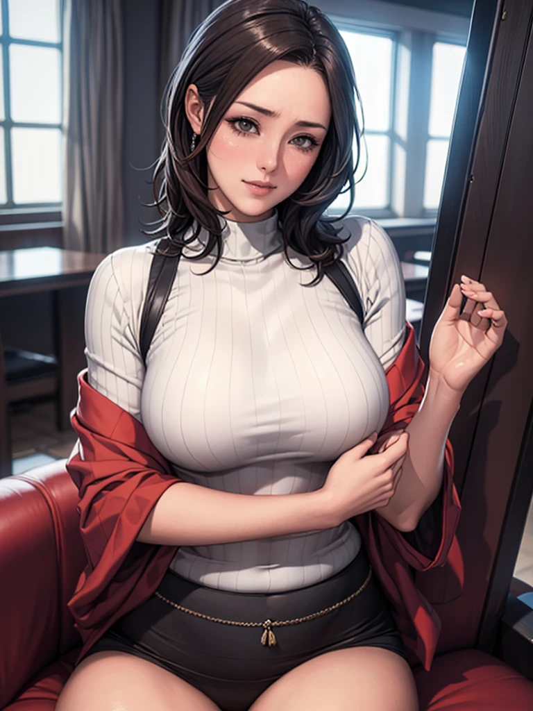 (highest quality,4K,High resolution,masterpiece:1.2),Japanese women,Cowgirl,Portraiture,Vibrant colors,Bright lighting、Bright room、slender、（Small Breasts 1:6)、Blushing、Wearing a white knit