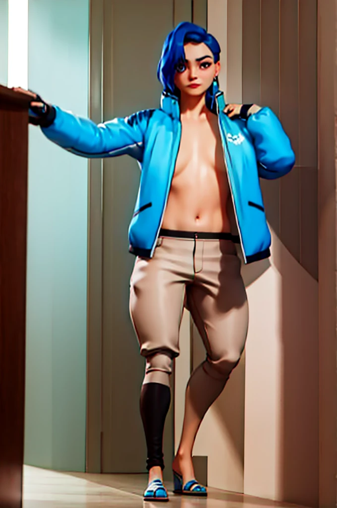 masterpiece, best quality, Tari, blue jacket, black spandex pants, cybernetic right arm,