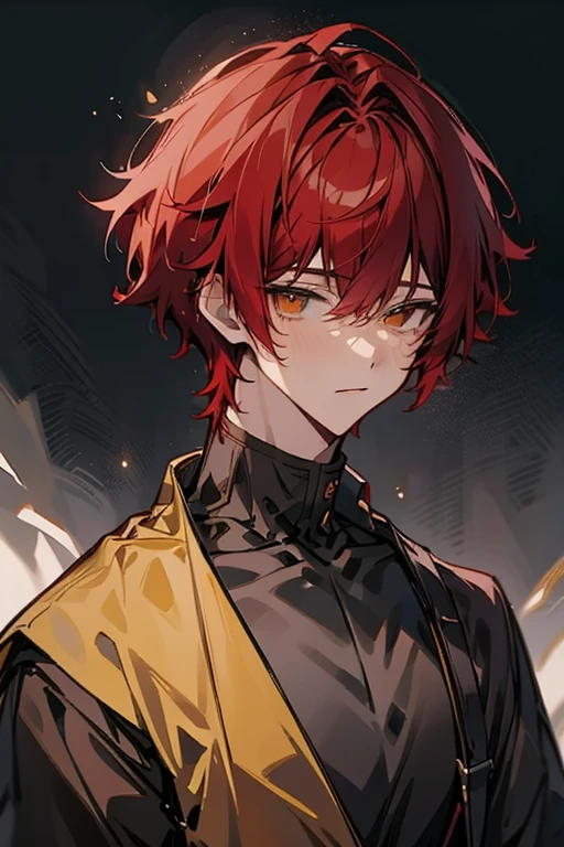 Draw a anime boy with red hair, black crown, yellow eye,wear a costume prince with black color
