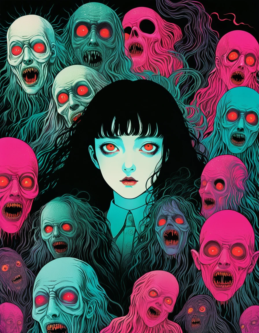 illust、art、80s horror movie posters, directed by Junji Ito、Paradise Lost、high detail, realsitic shadow、Analog style, chromatic aberration, Surrealism、Complementary color gradient