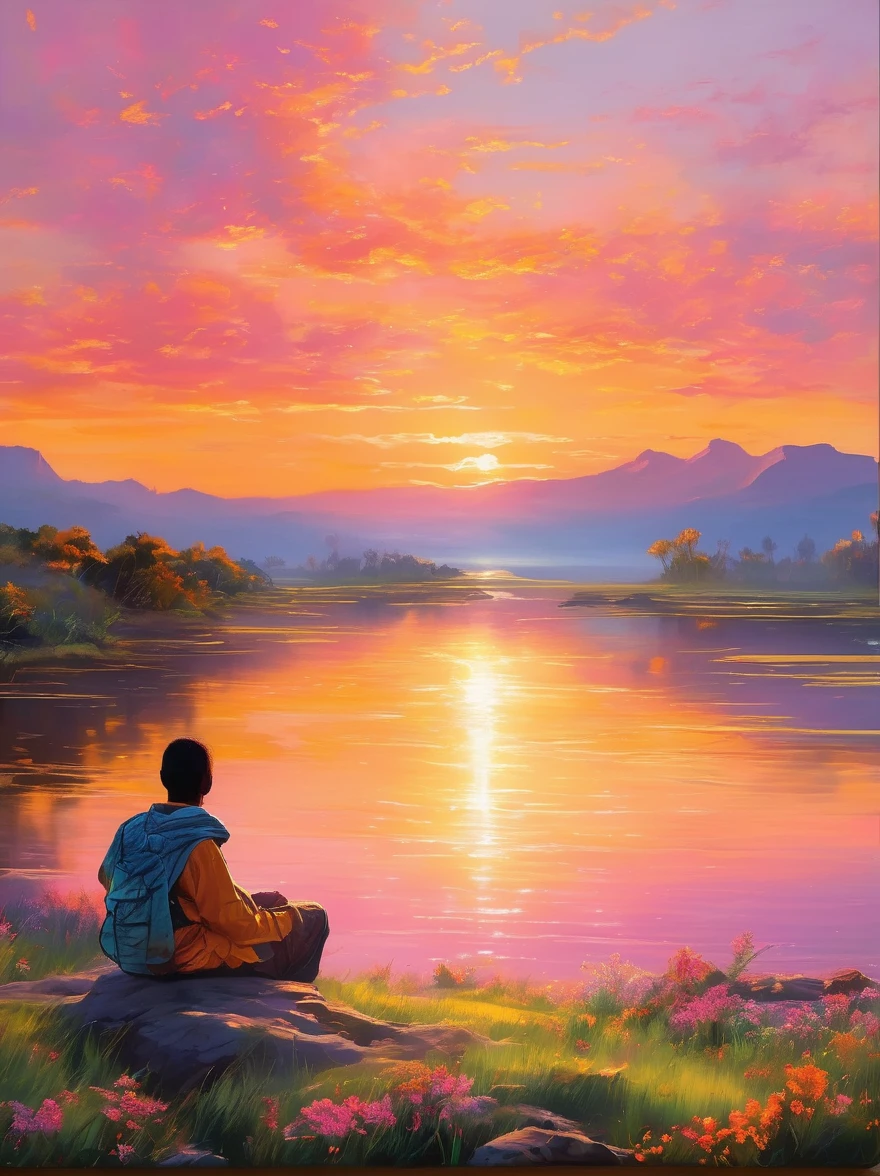 Imagine a peaceful and tranquil sunrise, Atop a hill, embraced by the calm waters surrounding it, imagine a single figure basking in the first light of daybreak, The sky blushes with hues of oranges and pinks as the sun peaks from the horizon casting its warm glow onto the water, imbuing it with the same brilliance, The figure sits, looking out onto the shimmering surface of the water, the gleaming sun in the distance marking the hopeful beginning of a new day, The scene is flooded with bright, vibrant colors and the light of dawn creates dramatic shadows, enhancing the grandeur of the environment. The vantage point is similar to that offered by a wide-angle lens, providing a panoramic view of the vast wilderness, under the theme of adventure and exploration.