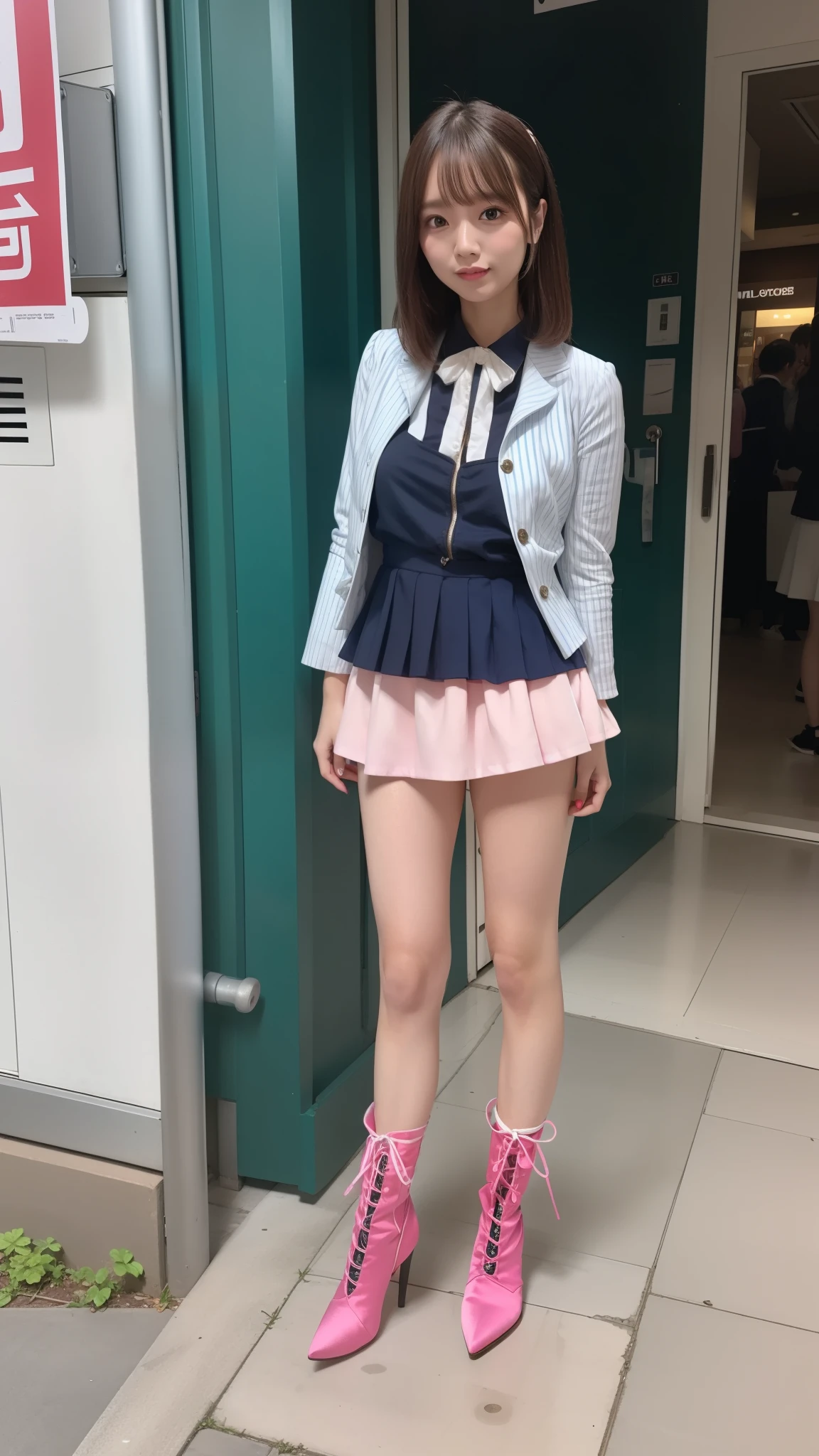 Costume like a idol, blue and white half sleeve Jacket, pink satin ruffled blouse, White and pink stripe pleated skirt, white lace up boots