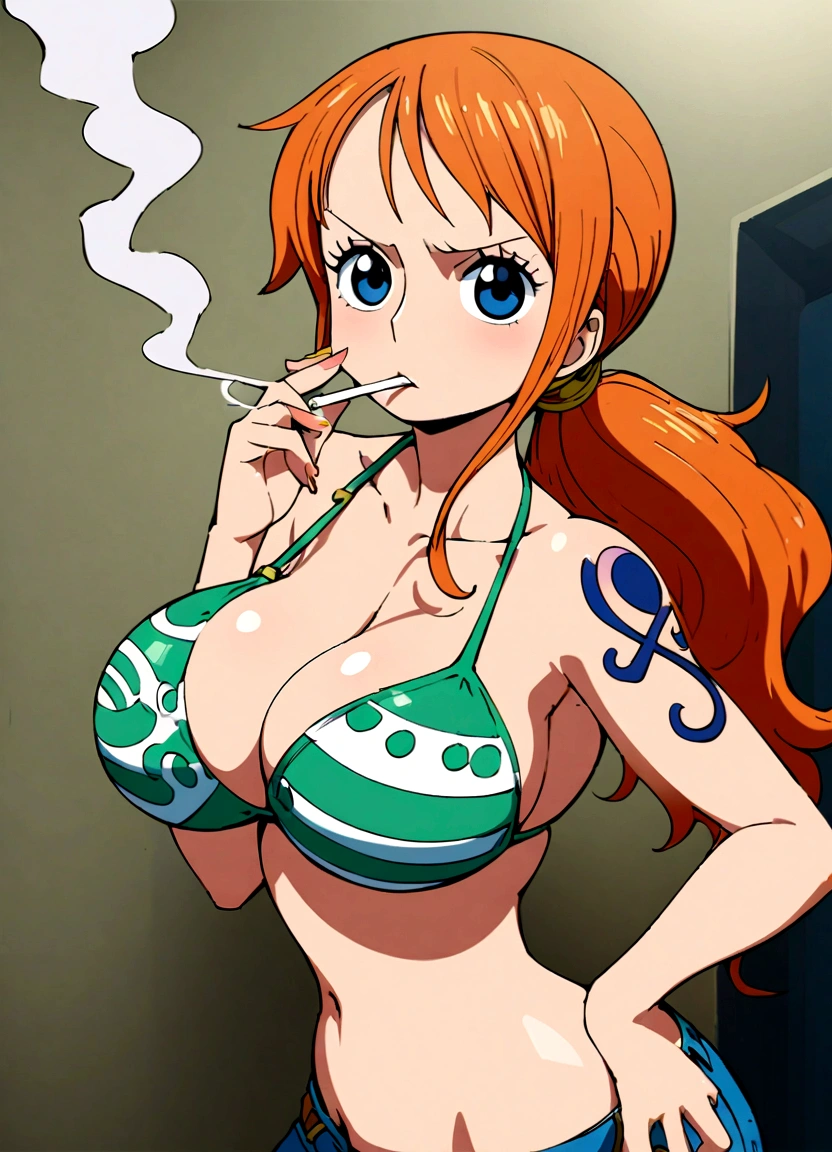 a cartoon picture of a woman in a bikini top and jeans, nami one piece, nami from one piece, nami, beautiful portrait of nami, from one piece, oppai, blue eyes, smoking, ponytail