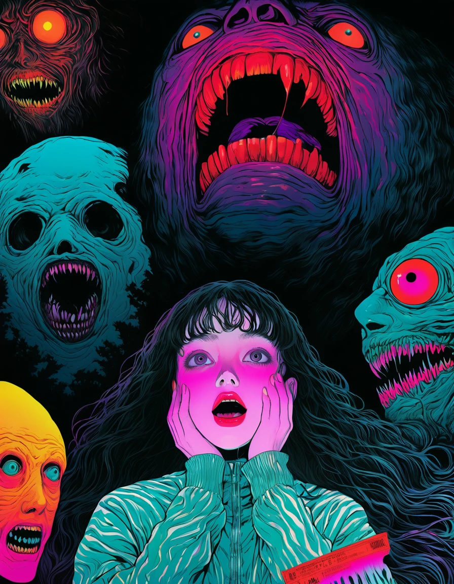 illust、art、80s horror movie posters, directed by Junji Ito、high detail, realsitic shadow、Analog style, chromatic aberration, Surrealism、Complementary color gradient